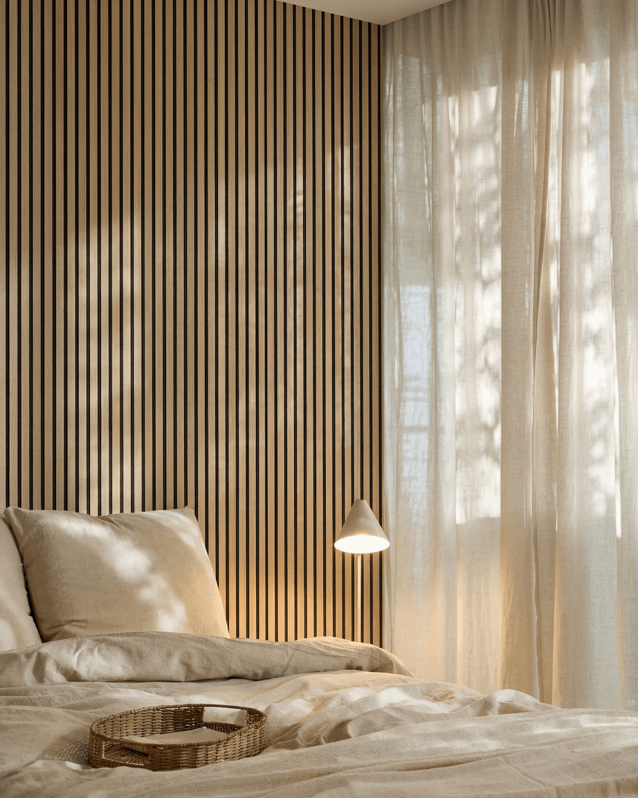 Modern Scandinavian bedroom featuring a WoodUpp Akupanel acoustic wood panel in Classic Oak on the wall, neutral bedding, sheer curtains, and soft lighting.