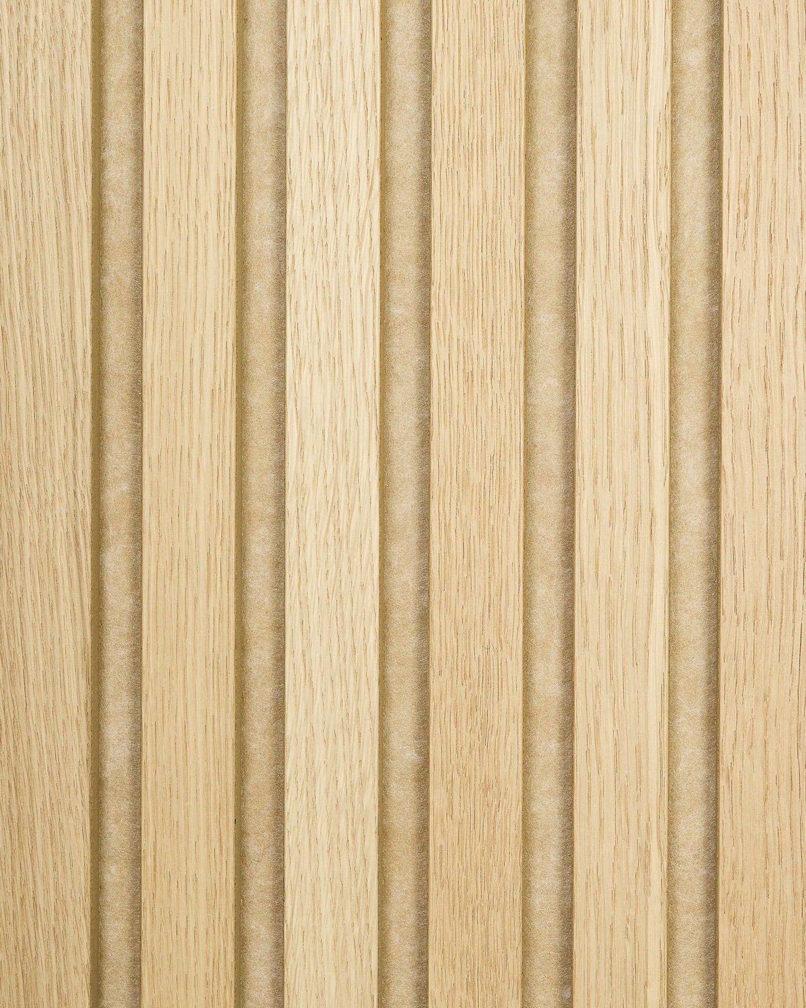 WoodUpp Akupanel acoustic panel in natural wood with beige felt backing, 240x60cm, vertical grooves create a minimalist striped Nordic pattern.