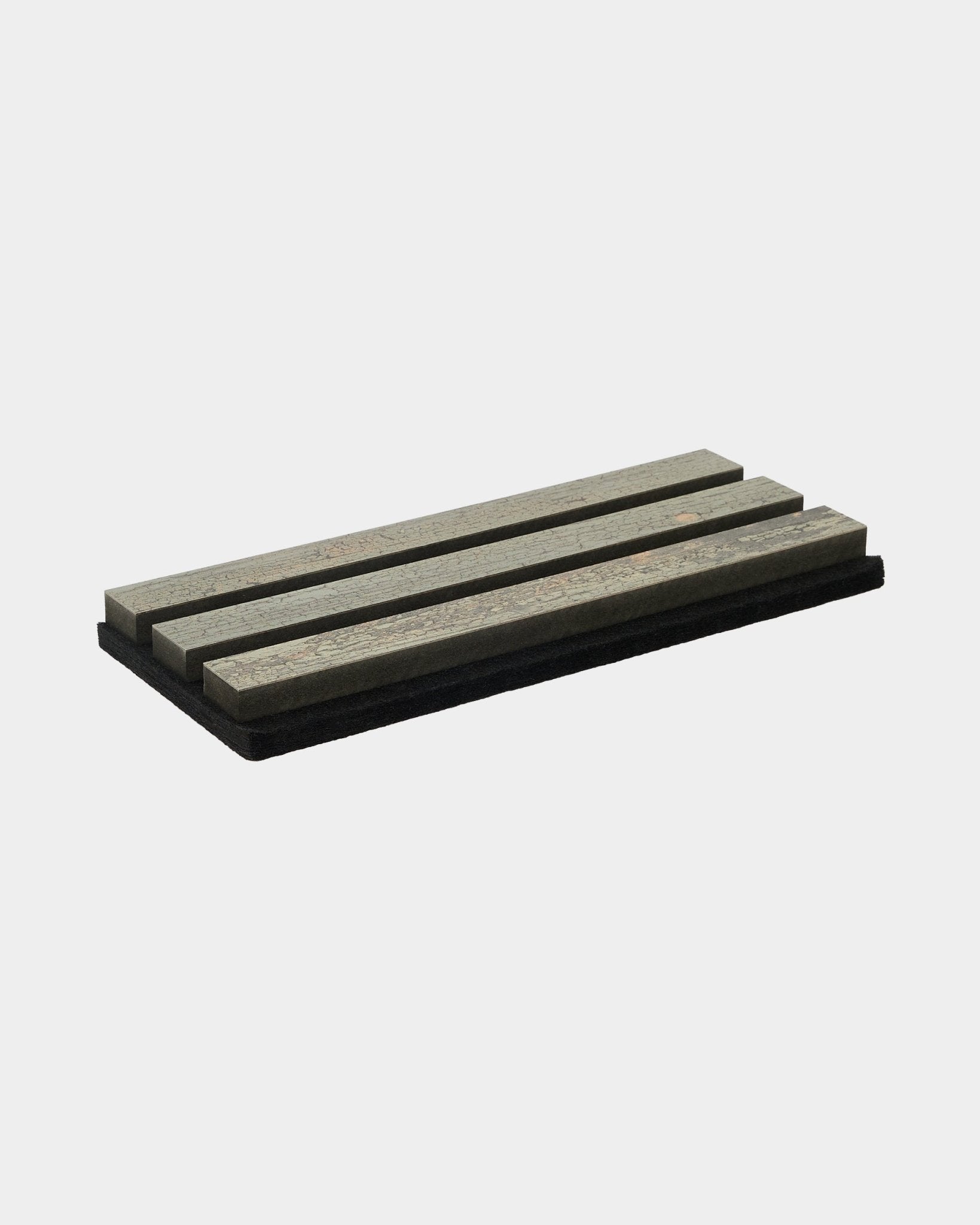 Rectangular wooden soap dish in Grey Oxide finish by WoodUpp, featuring three slatted grooves for drainage; part of Nordic-inspired CREATE accessories.