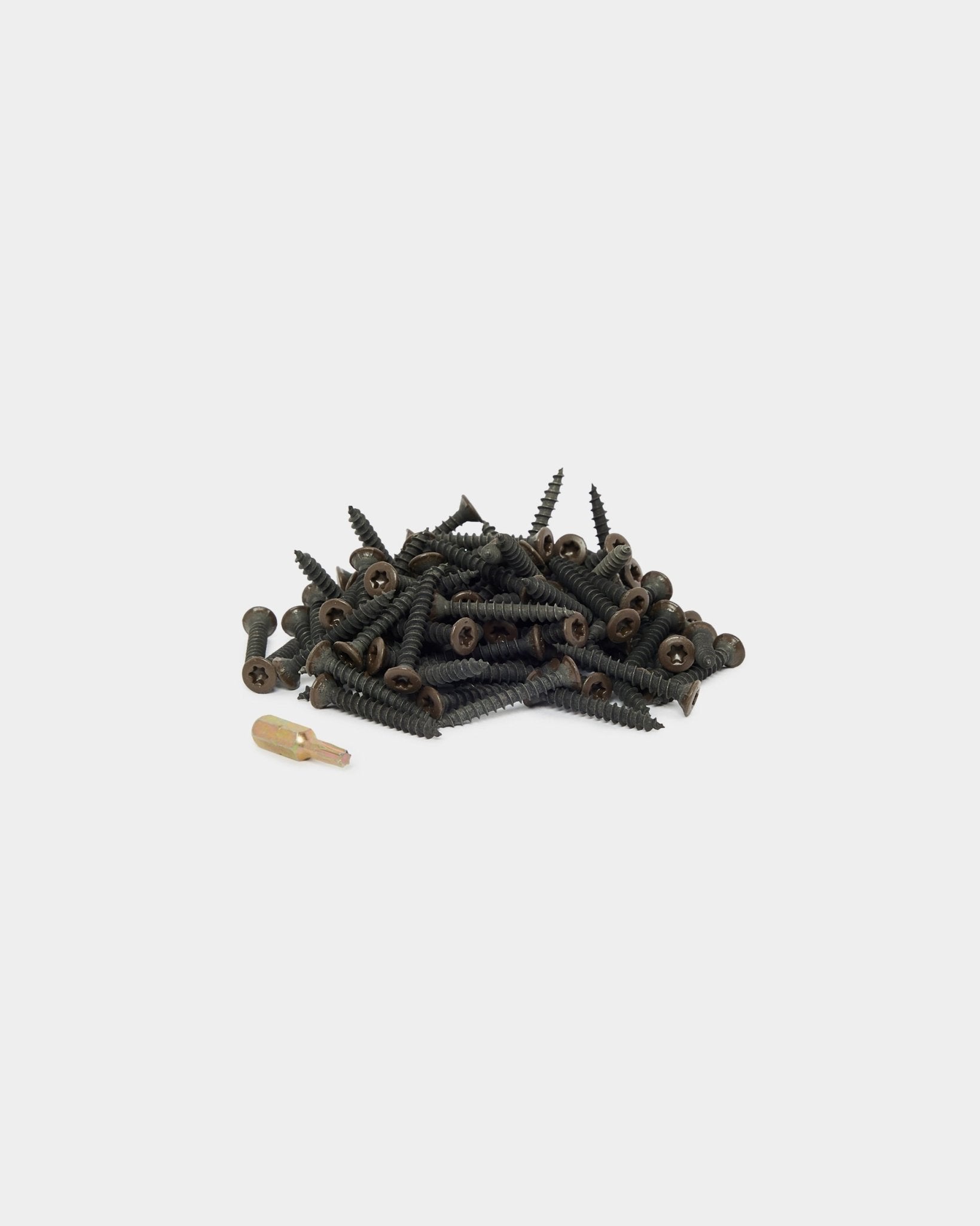 WoodUpp bronzed brown installation screws (100 pcs) and a single beige wall plug shown on a plain white background, designed for acoustic panel installation.
