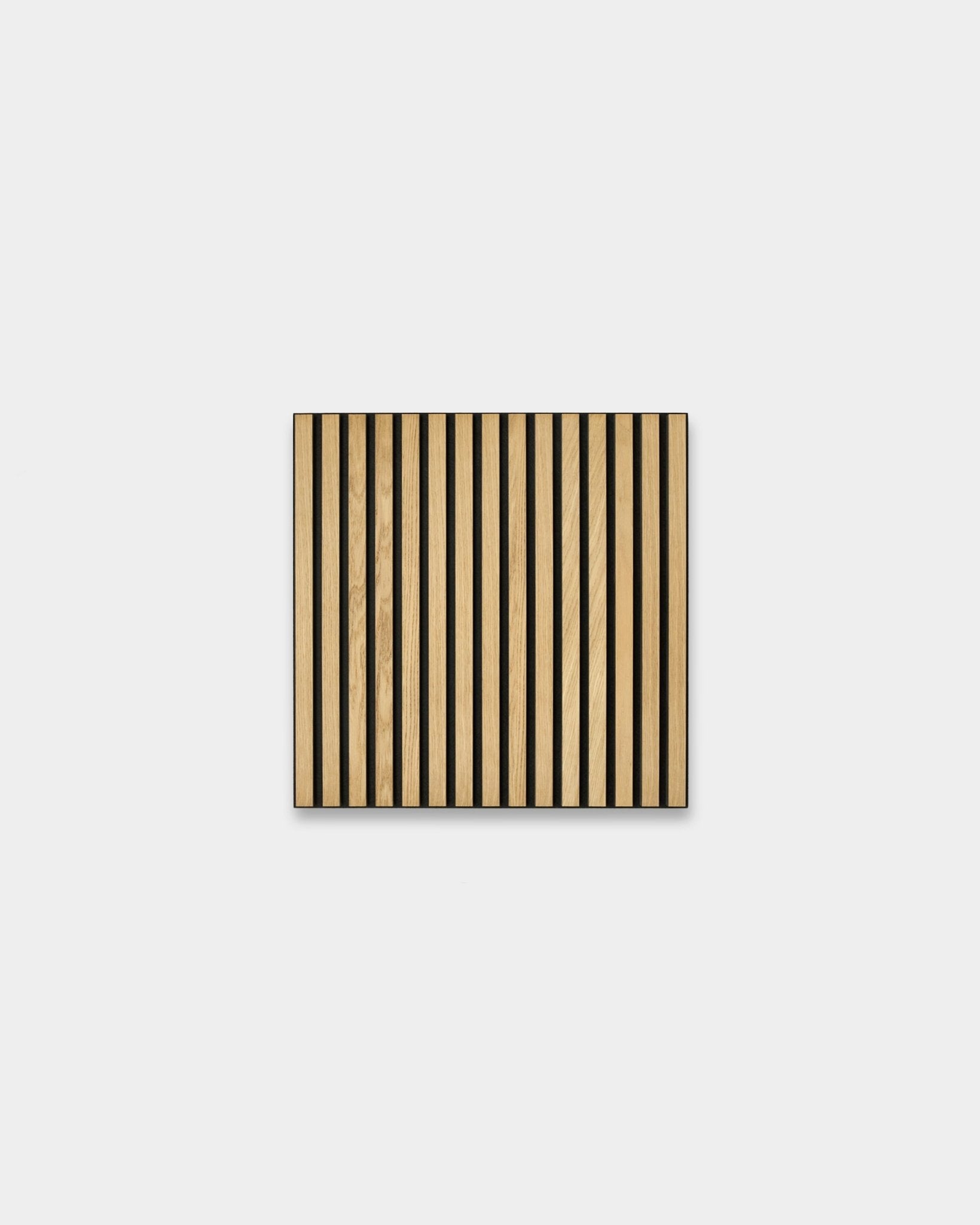 Akupixel acoustic panel by WoodUpp featuring alternating vertical stripes of classic oak veneer and black felt on black MDF, 60x60 cm, Scandinavian design.