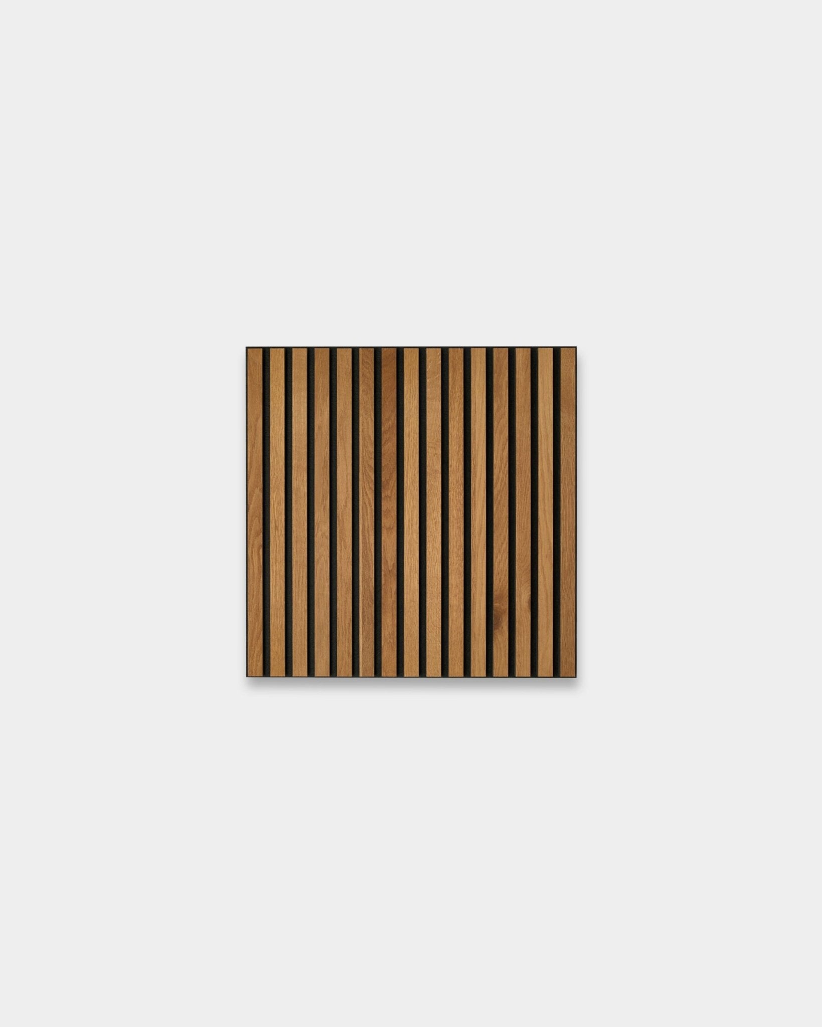 Akupixel Brown Oak 60x60 cm acoustic panel by WoodUpp features Nordic design with alternating light brown wood and black stripes on a gray background.