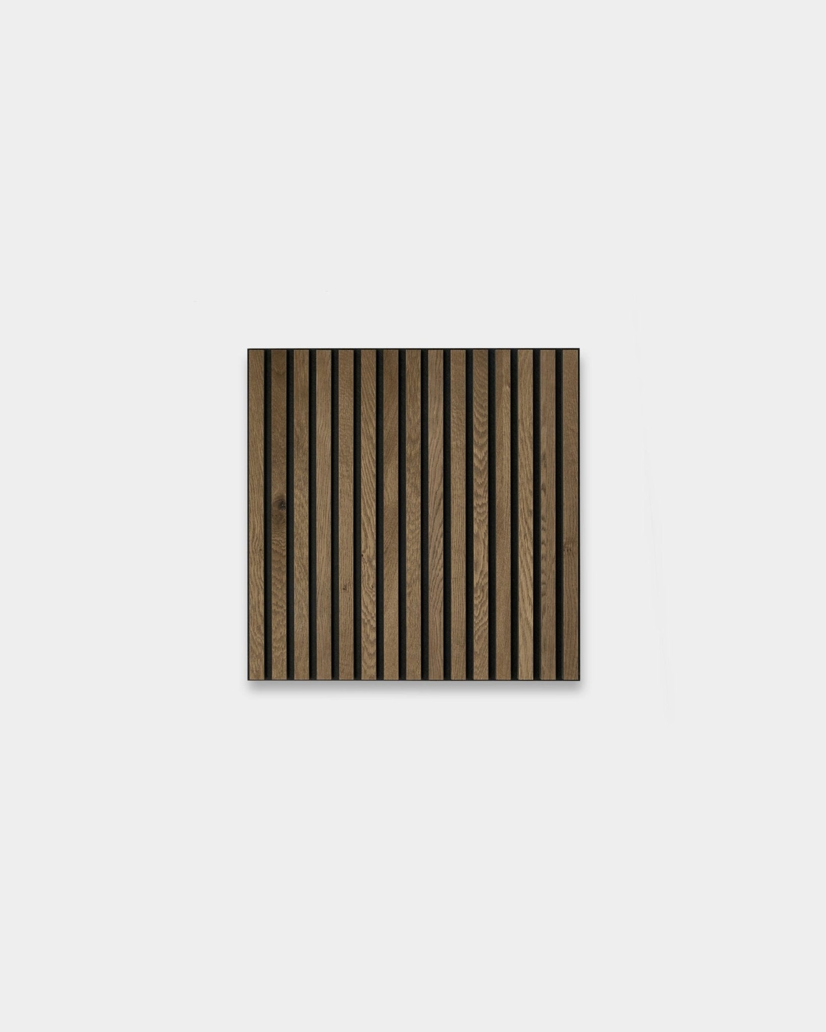 WoodUpp Akupixel Grey Oak 60x60cm: square Scandinavian acoustic panel with vertical dark and light oak slats on a light gray background.