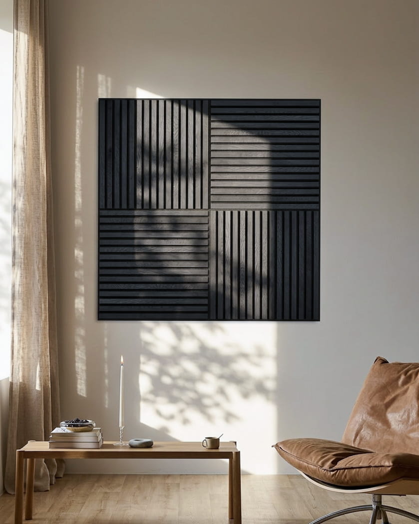 WoodUpp Akupixel acoustic panel, 60x60 cm, features black ash wood slats on felt backing; minimalist Scandinavian design suitable for modern interiors.