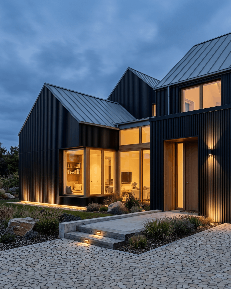 Moderne hus med facadepaneler af sort genbrugsaluminium fra WoodUpp Aluwood, store vinduer, et varmt interiør i skumringslys, en stenbelagt sti og en anlagt forhave.