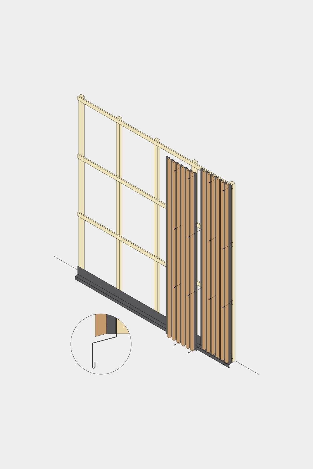 Isometric drawing of WoodUpp Aluwood facade panel installation, 240 cm bottom section, showing wood slats, black trim, and slat attachment detail.