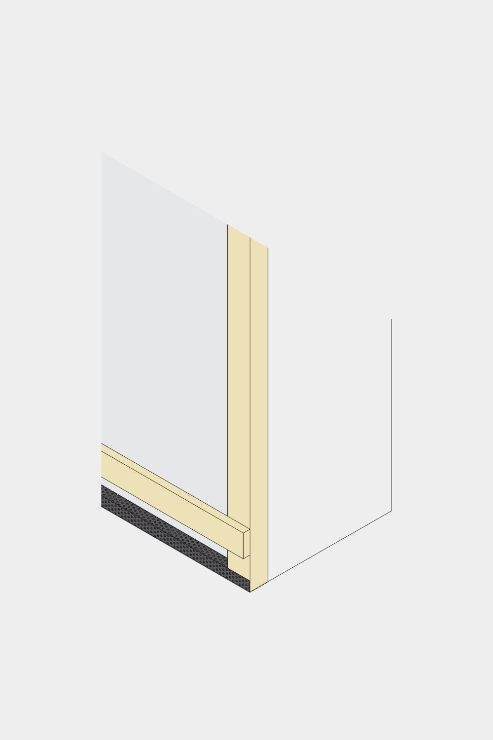 Isometric diagram of a wall corner with WoodUpp Aluwood facade panel and insect screen, 240 cm, showing studs, black base plate, and ventilated cavity.