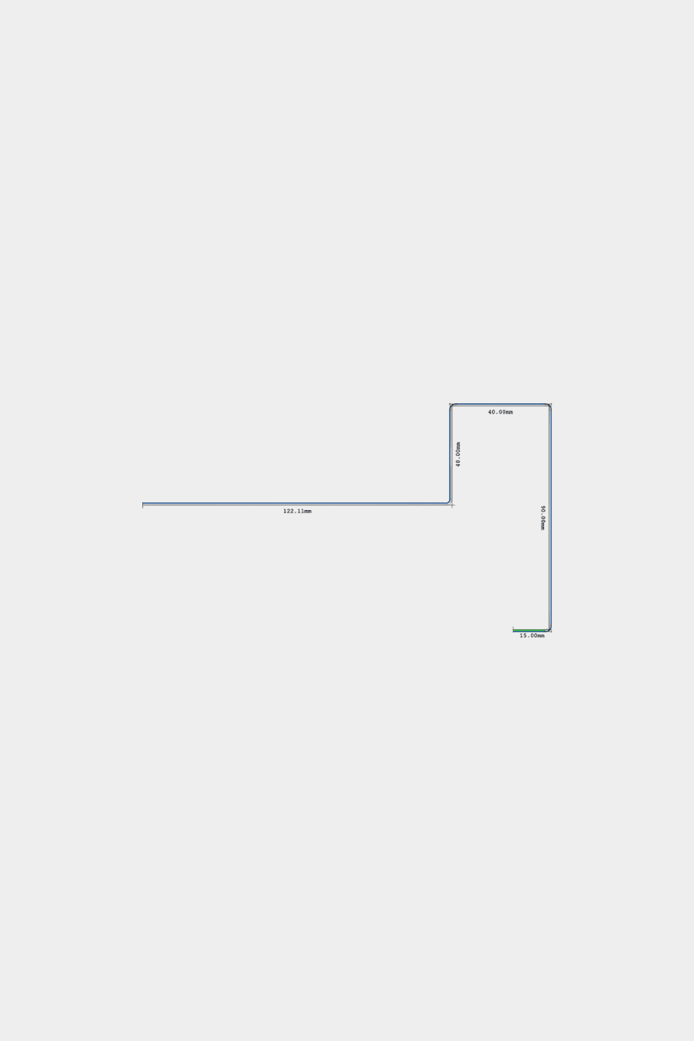 L-shaped line drawing showing dimensions for installing a 240 cm WoodUpp Aluwood facade panel end corner using a powder-coated aluminum profile.