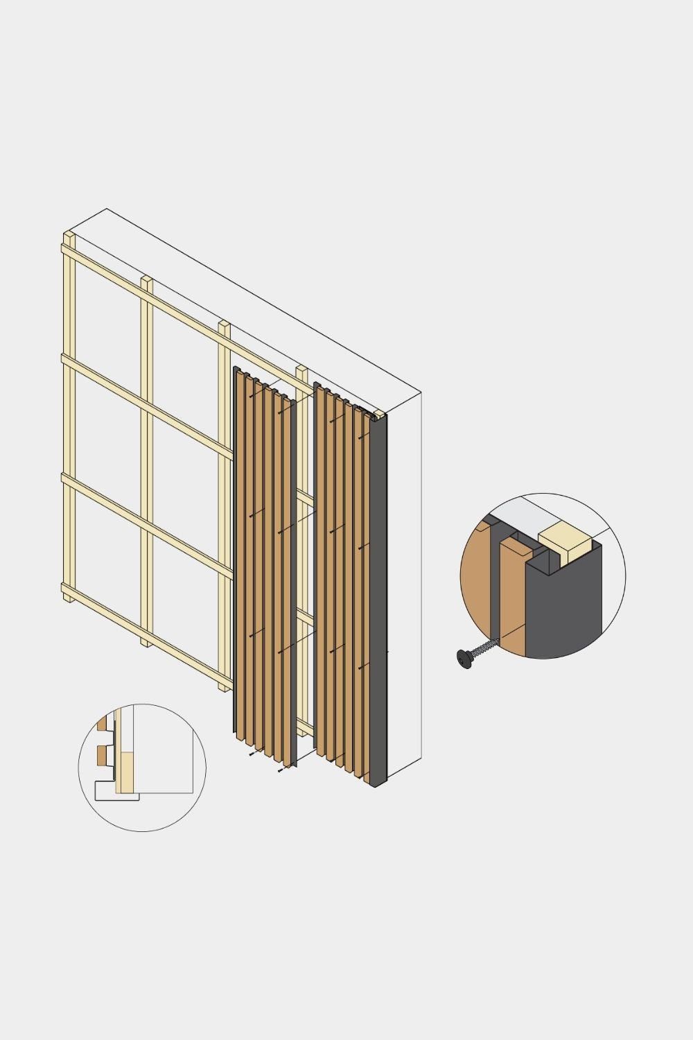 Isometric diagram of WoodUpp Aluwood facade panel end corner, 240 cm, featuring vertical wood slats, powder-coated finish, and aluminum end profile.