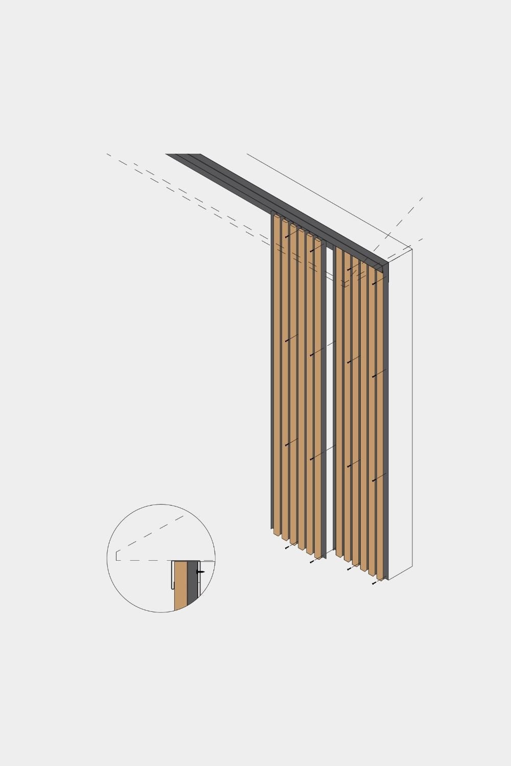 Isometric view of floor-to-ceiling Aluwood facade panels by WoodUpp (240cm), with inset showing detailed ceiling installation and top-side finishing.
