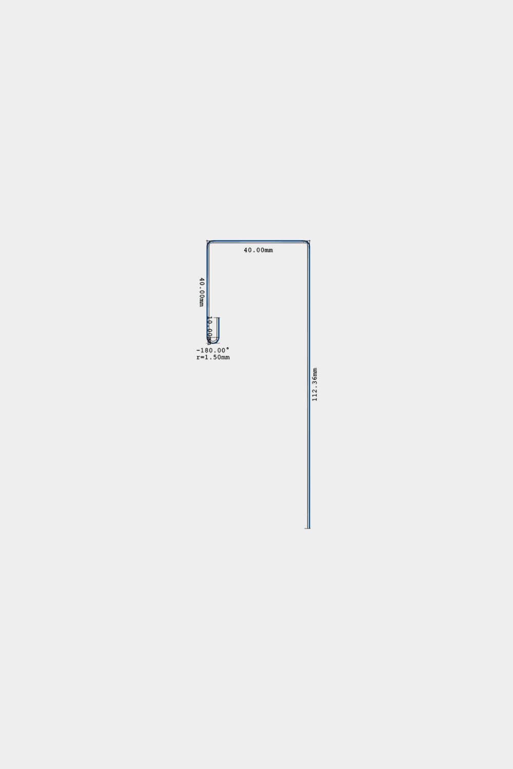 Technical diagram of WoodUpp Aluwood 240 cm L-shaped facade panel profile rod with labeled dimensions and hole, designed for top or side finishing installation.