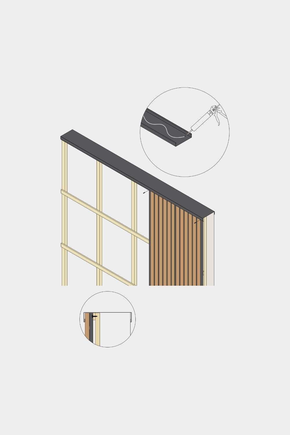 Isometric drawing of WoodUpp Aluwood facade panel wall capping, 240cm x 25cm, featuring wood slats, aluminum profile, and two detailed close-up insets.