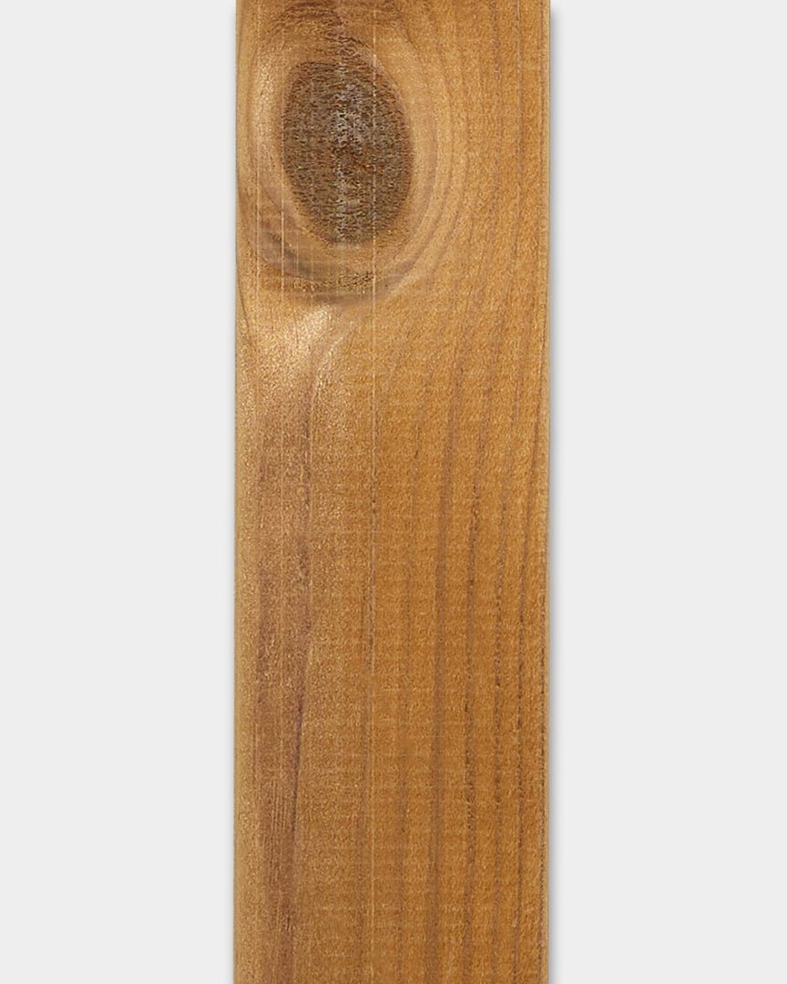 Aluwood brown facade panel by WoodUpp, 240x4x1.8 cm, with visible knots and natural grain, displayed on a white background.