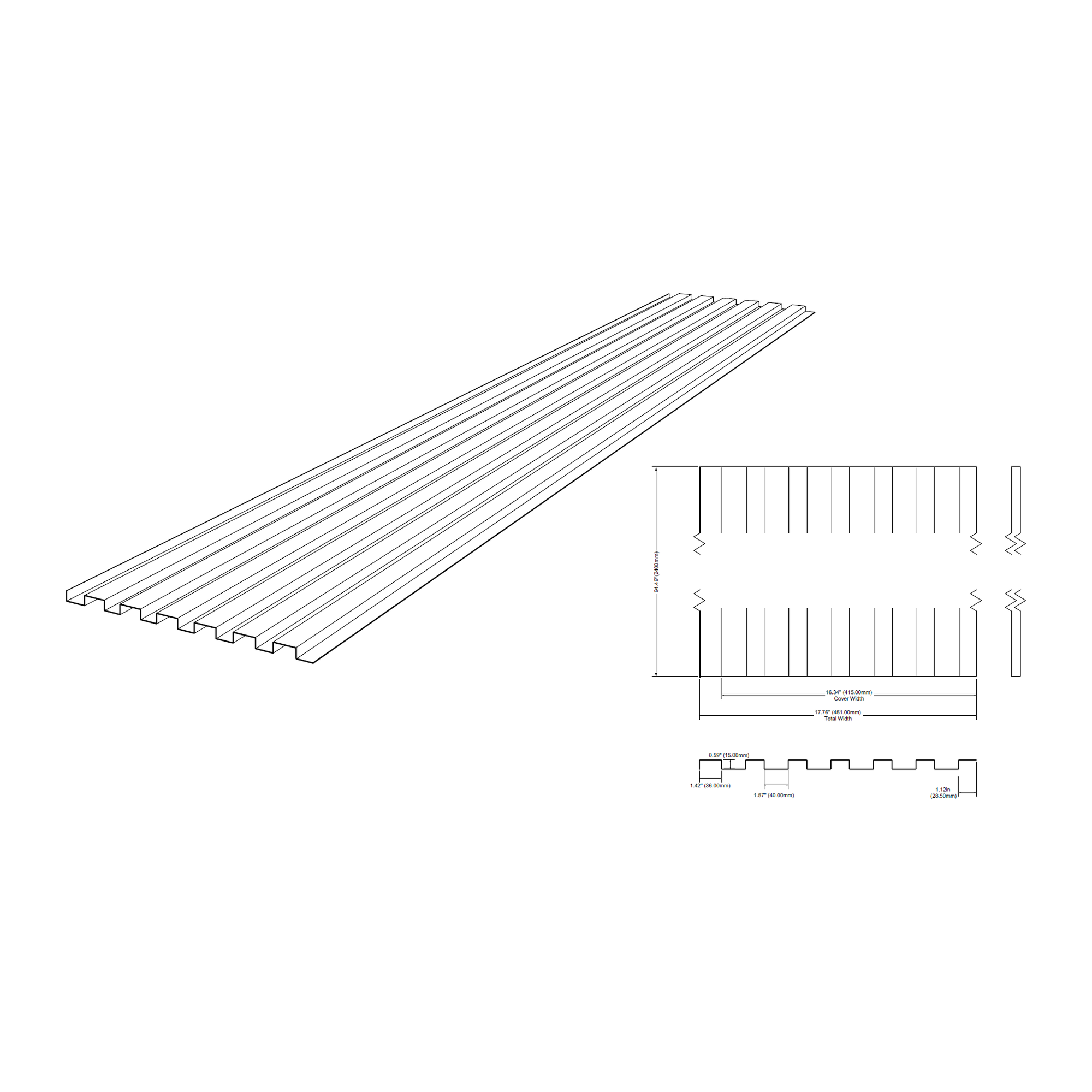 Technical drawing of Aluwood aluminium slat panel - cover width 16.34" (415mm), total width 17.76" (451mm)