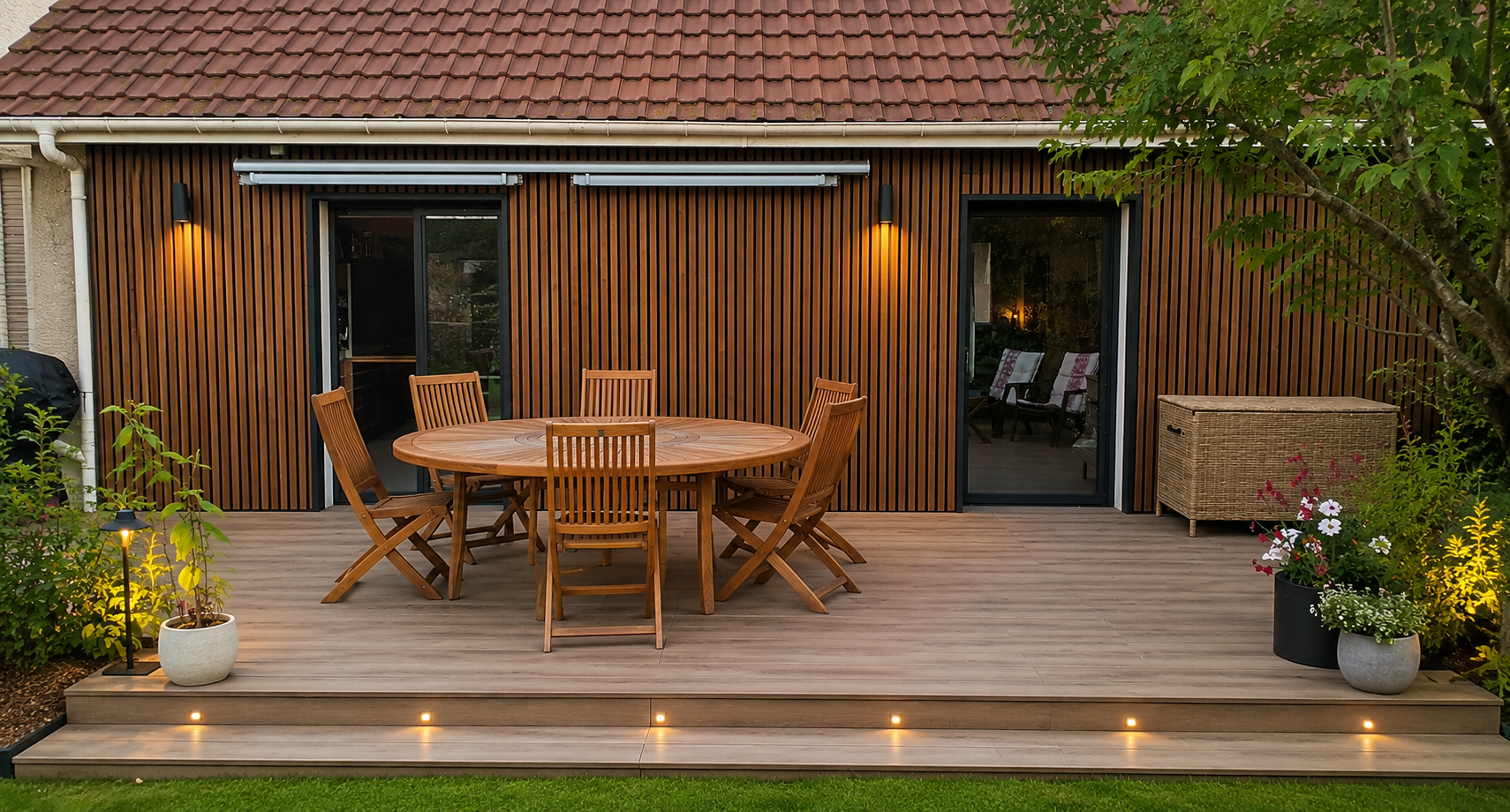 A wooden patio with a round table, six chairs, potted plants, and warm lighting sits beside a modern house featuring vertical Nordic acoustic panels.