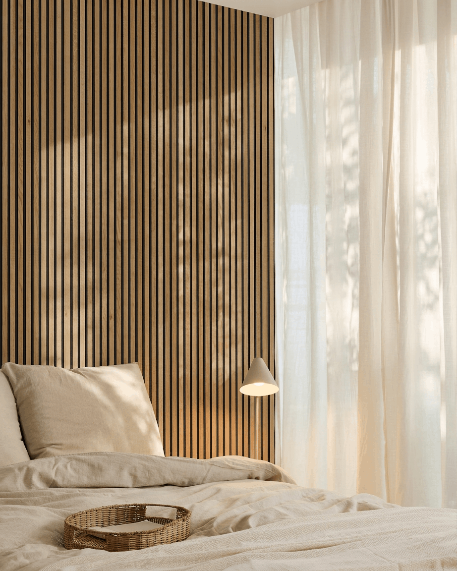 Minimalist Nordic bedroom with WoodUpp Akupanel acoustic panel in Rustic Brown Oak on the wall, beige bedding, a rattan tray on the bed, and sheer curtains.