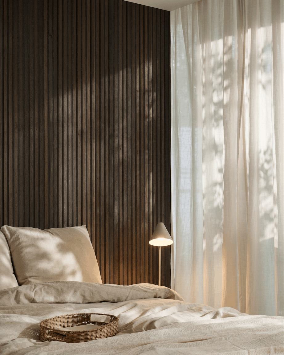Bed with beige linens beside a WoodUpp Akupanel in rustic smoked oak; styled with a wicker tray, modern lamp, and sunlit sheer curtains.