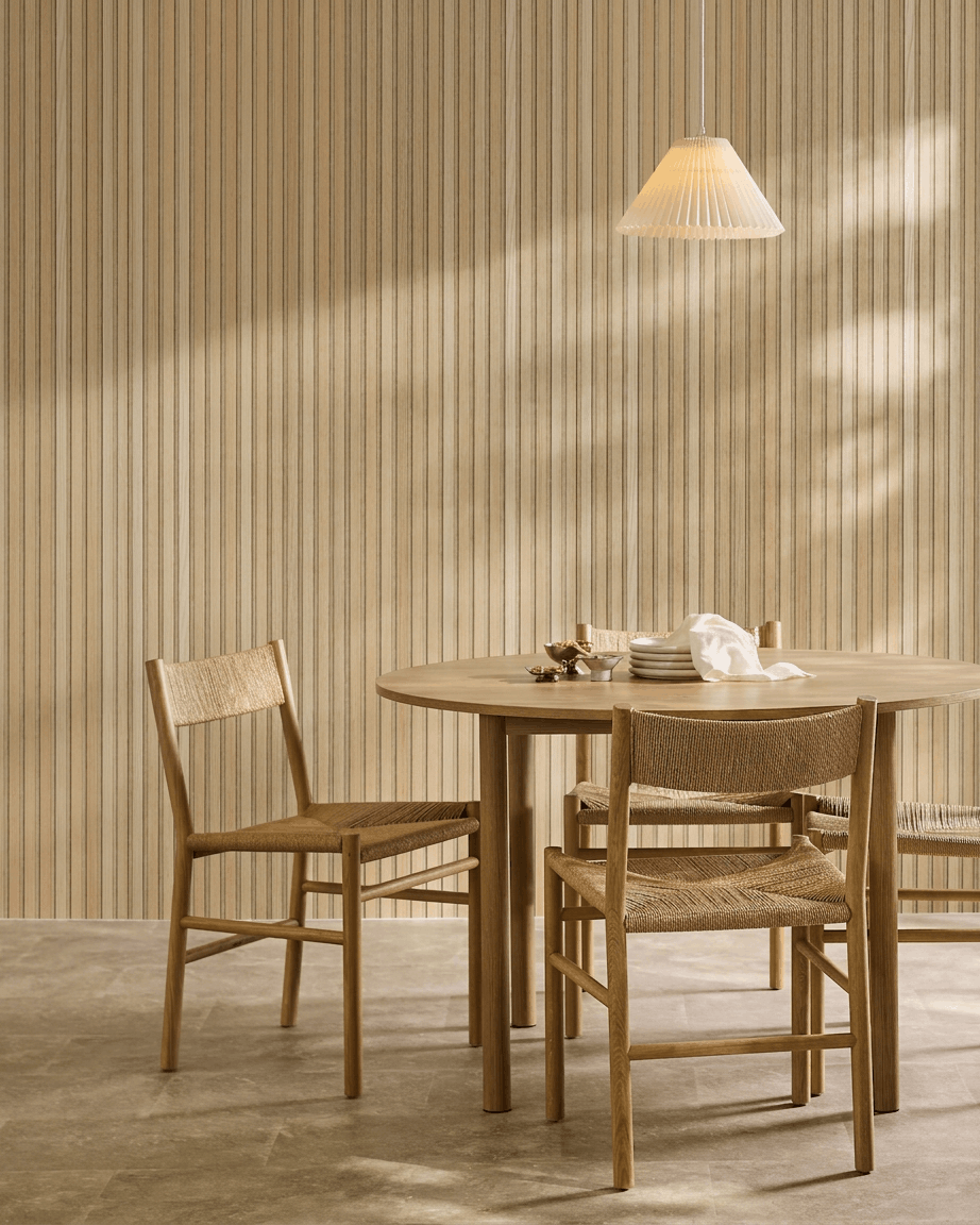Classic Oak acoustic panels with beige felt on a dining area wall