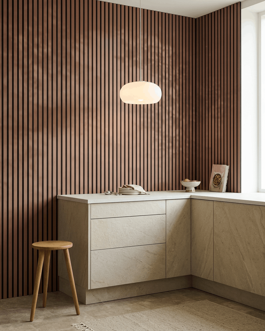 Kitchen with beige cabinets, wooden stool, and WoodUpp Akupanel acoustic panel in Clay  Black Felt on the wall. Round pendant light above the counter.