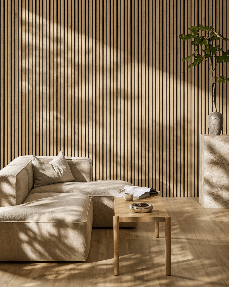 Minimalist living room featuring a beige sofa, wooden table, plant, and a WoodUpp Akupanel Rustic Natural Oak acoustic panel illuminated by soft sunlight.