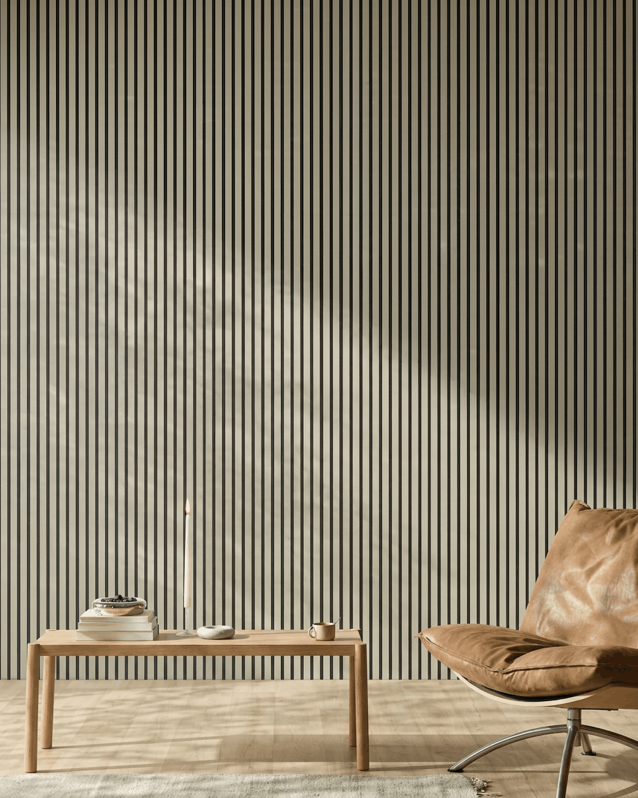 Minimalist room featuring a tan leather chair, wooden bench, books, candle, and WoodUpp Akupanel Stone/Black Felt acoustic panel (240x60 cm) on the wall.