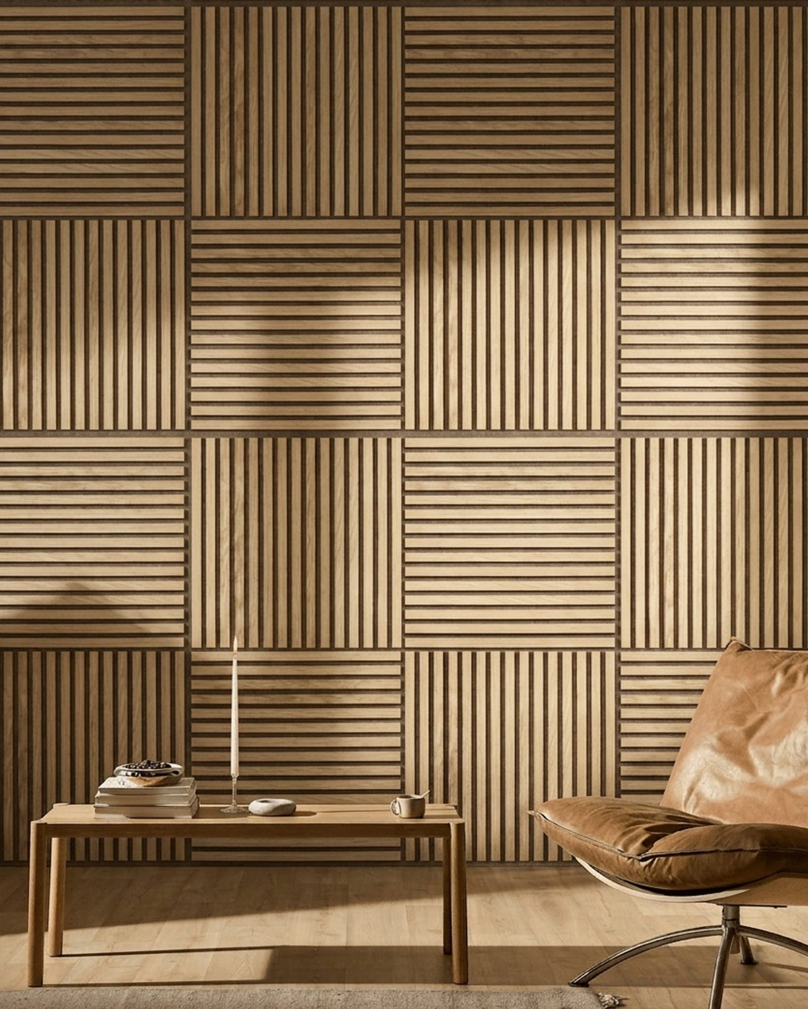 Akupixel | Acoustic Panel / Natural Wood, Carolina Oak, Dark Beige Felt, 60 x 60 cm