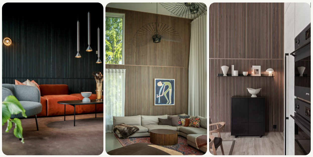 Three rooms with tall Akupanel walls finished with end lamellas, including a wall framed at the top above a shelf.