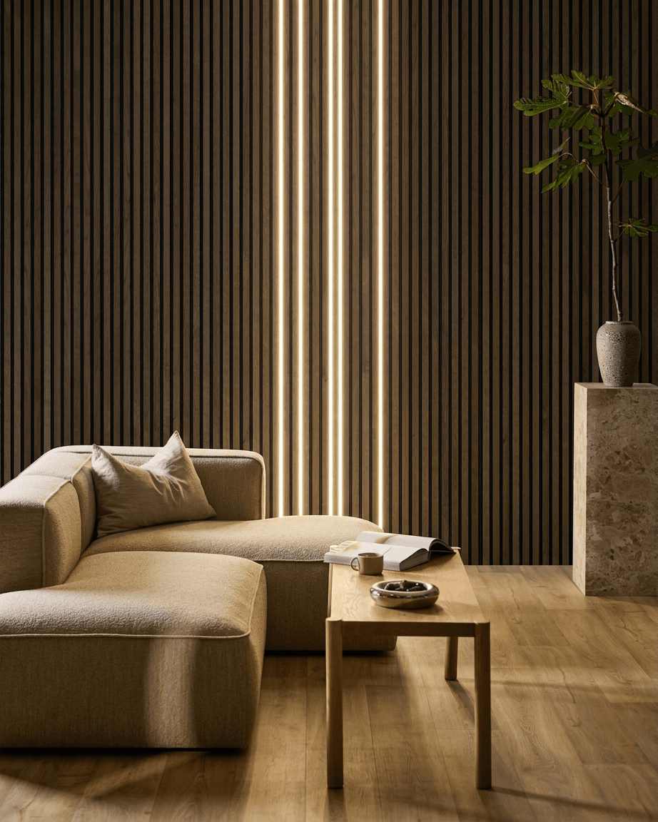 Minimalist living room featuring a beige sofa, wooden coffee table, and tall vase in front of a WoodUpp Akupanel acoustic wood panel wall lit by Lumi LED striplight.