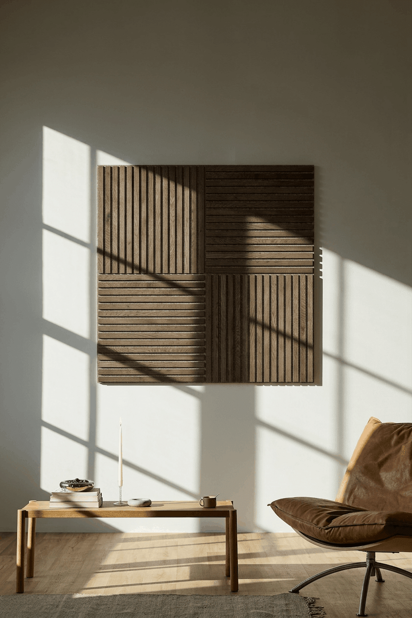 Minimalist room with a wooden bench, candle, and chair. Sunlight illuminates a wall featuring WoodUpp Akupixel Acoustic Panel in Rustic Grey Oak.