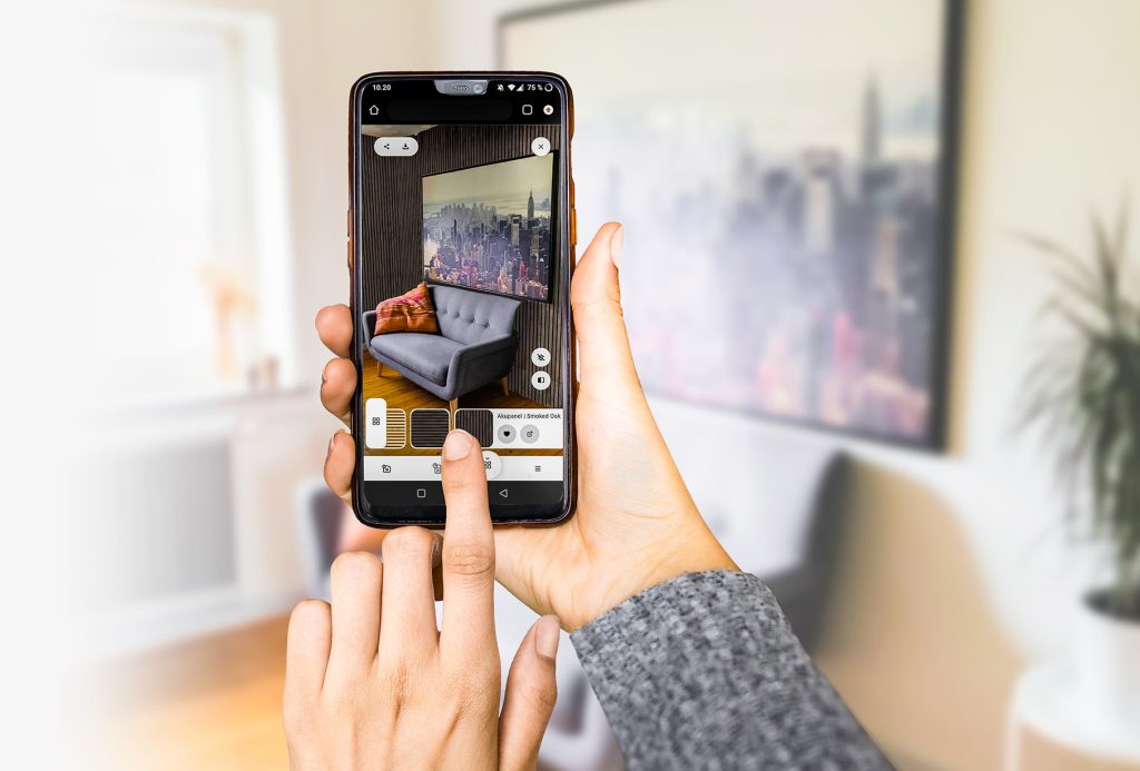 Product visualizer shown on a smartphone to give a sense of how it works on a wall, with the original wall shown blurred in the background